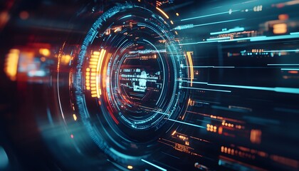Obraz premium Futuristic digital interface with glowing lines and circular elements, representing speed and advanced technology. Ideal for themes related to innovation and modern systems.