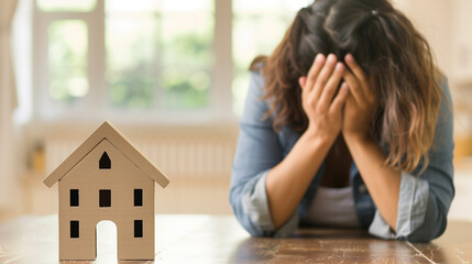 Wooden house, representing real estate. In the background, a person with his hands on his head, real estate crisis and depression caused by economic and housing problems.