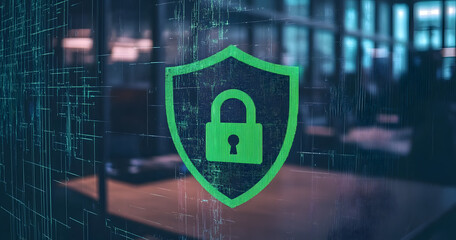 Image of spots and padlock with shield over office