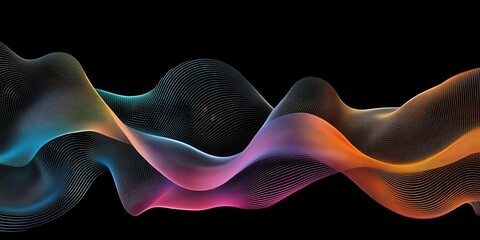 Vibrant, flowing waves in shades of blue, orange, and pink create an engaging visual representation of sound and movement against a black background