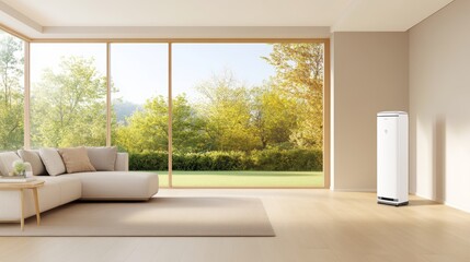 Fototapeta premium Modern living room with air purifier and large window overlooking a green landscape.