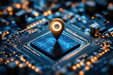 Location data on a circuit board.  A glowing map pin signifies the integration of GPS technology and digital processing.