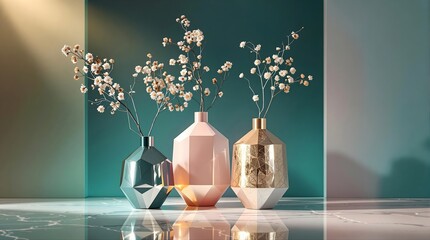 Elegant Still Life of Three Vases with White Blossoms on Marble Surface