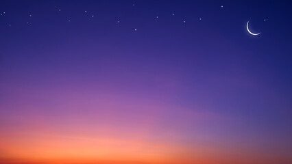 Night Sky Ramadan Background with Crescent Moon and Star on Dark blue Twilight sky with copy Space...