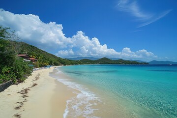 Obraz premium Tropical beach paradise with clear turquoise water, white sand, and lush green hills under a bright blue sky.