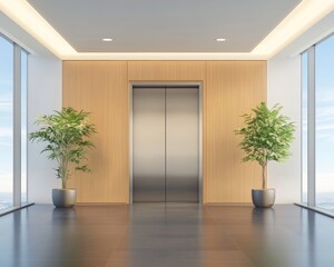 Fototapeta premium Modern Office Lobby with Elevator and Plants.