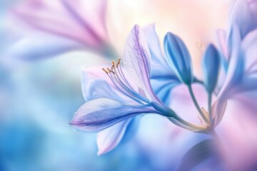 Fototapeta premium Delicate pastel blue flowers in soft focus, creating a dreamy and serene atmosphere.