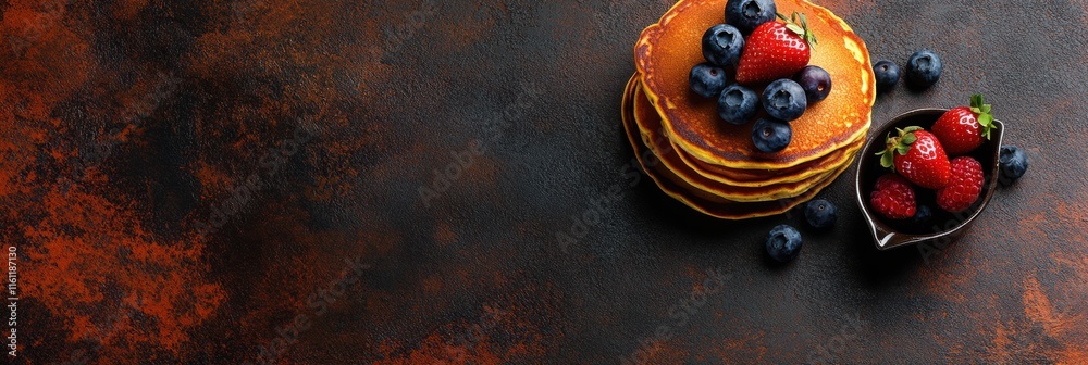 Poster delicious stack of golden pancakes topped with fresh strawberries and blueberries on a dark textured