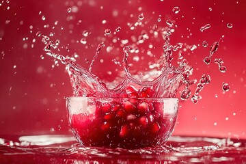 Pomegranate seeds splashing into water, creating a vibrant red explosion in a glass bowl.