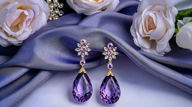 Beautifully designed purple gemstone earrings rest on soft fabric surrounded by delicate roses, creating a luxurious display of style