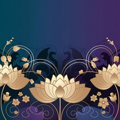 A decorative golden lotus motif with intricate floral patterns on a gradient blue-to-purple background.