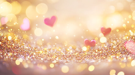 romantic abstract background featuring floating red hearts, golden glitter particles, and soft bokeh light flares with copy space, Valentine's background with copy space