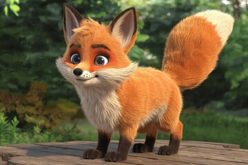 Fototapeta premium A cute cartoon fox with orange fur and big eyes is standing on a wooden surface.