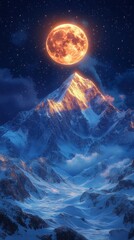 Majestic Mountain Peak Illuminated by a Fiery Full Moon at Night