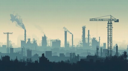Panoramic Abstract Industrial Skyline with Construction Elements