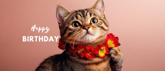 Adorable Tabby Cat Wearing Flower Garland for Happy Birthday Celebration