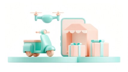 Naklejka premium A colorful 3D illustration depicting a scooter, drone, gifts, and a shopfront, symbolizing modern delivery and e-commerce concepts.
