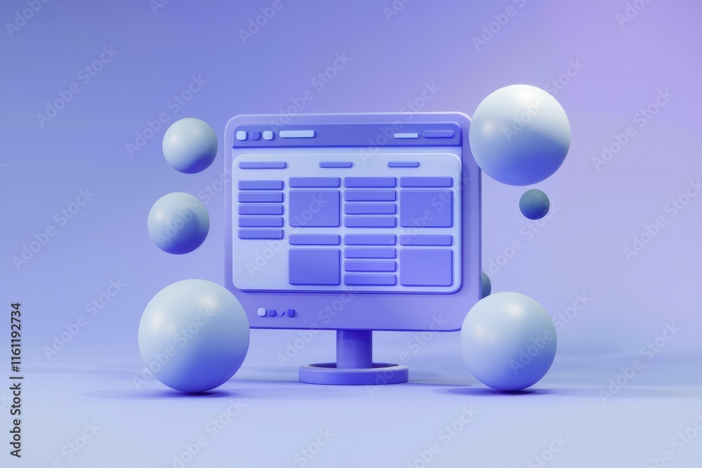 Aufkleber 3D rendering of a computer screen with a web page design on a purple background.
