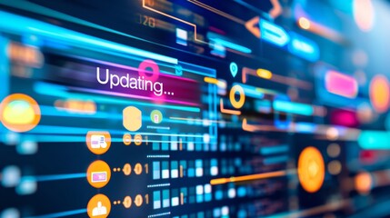 Obraz premium A close-up of a digital screen displaying a software update progress bar, with a blurred background of technical icons and code snippets. The screen shows a loading circle and the text 