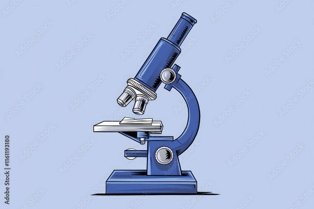 Poster a blue microscope with a slide on the stage.