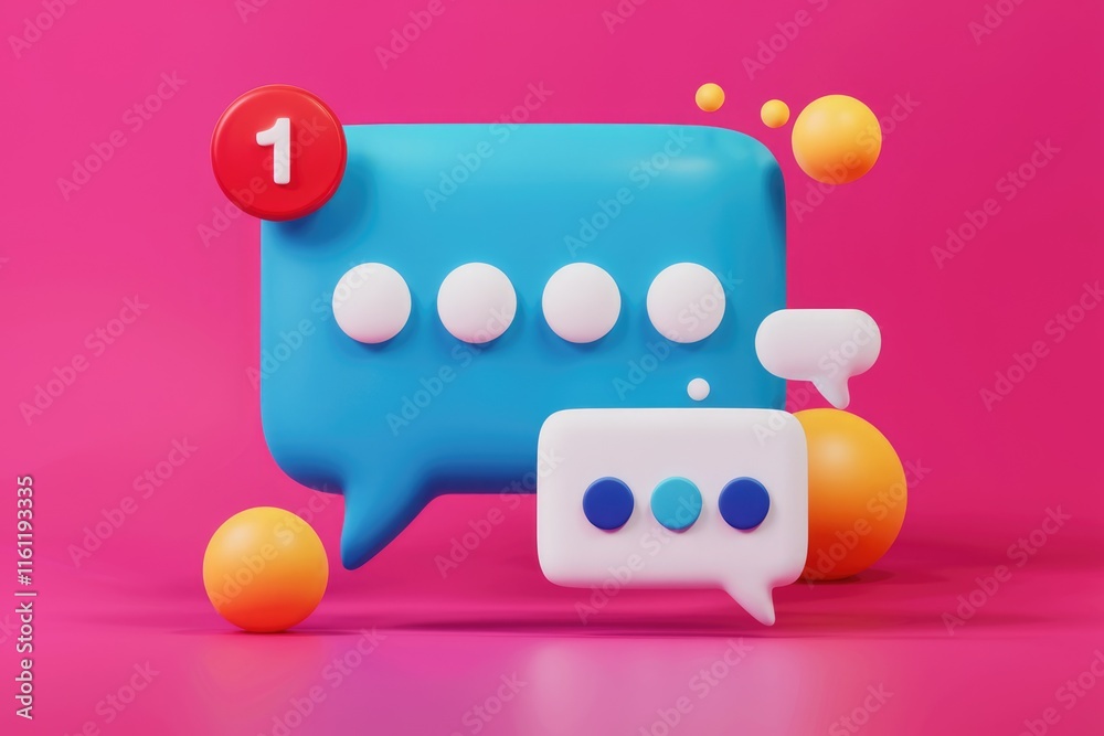 Poster 3d rendered chat bubbles with notification and colorful spheres on pink background