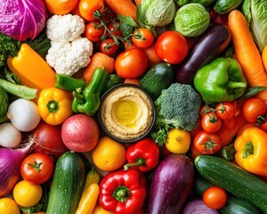 A colorful array of raw vegetables with hummus dip, healthy snacking, raw nutrition