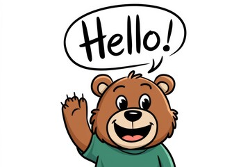 A cartoon bear waves and says hello.