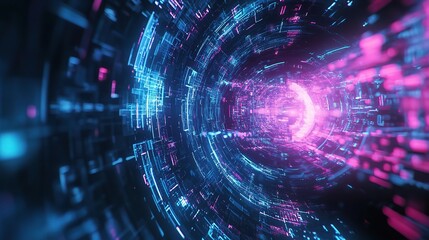 Obraz premium Cybernetic Passage: A mesmerizing digital tunnel of glowing blue and pink lights, evoking a sense of movement and futuristic technology.
