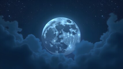 Obraz premium Ethereal Full Moon Illustration, High-Contrast Indigo Night Sky with Stars, Transparent PNG Background
