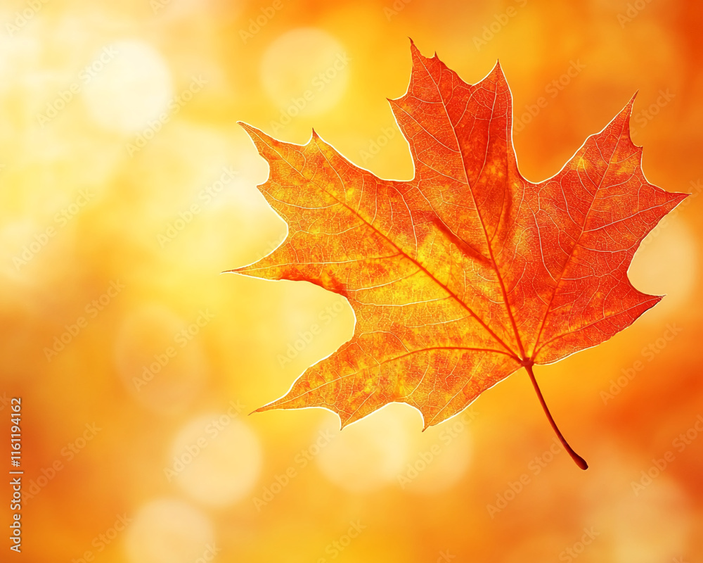 Poster vibrant autumn maple leaf with golden bokeh background