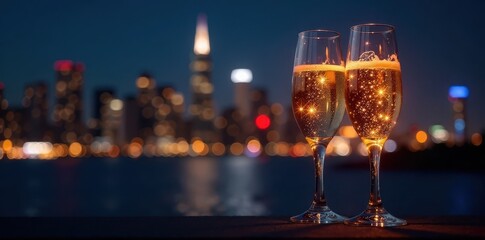 Sparkling champagne glasses clinking against backdrop of city skyline at midnight, celebration, night