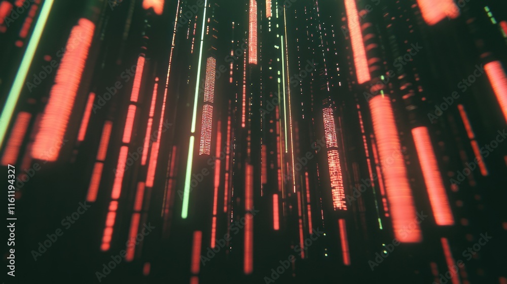 Wall mural glowing red green data streams digital rain abstract background