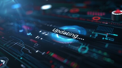 Obraz premium A close-up of a digital screen displaying a software update progress bar, with a blurred background of technical icons and code snippets. The screen shows a loading circle and the text 