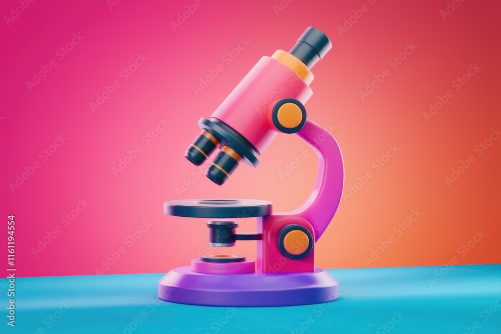 Poster A colorful and stylized 3D model of a microscope.