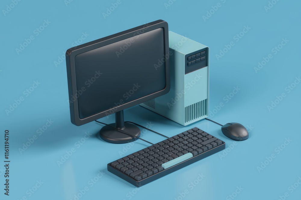 Poster A minimalist desktop computer setup with a monitor  keyboard  and mouse on a blue background.