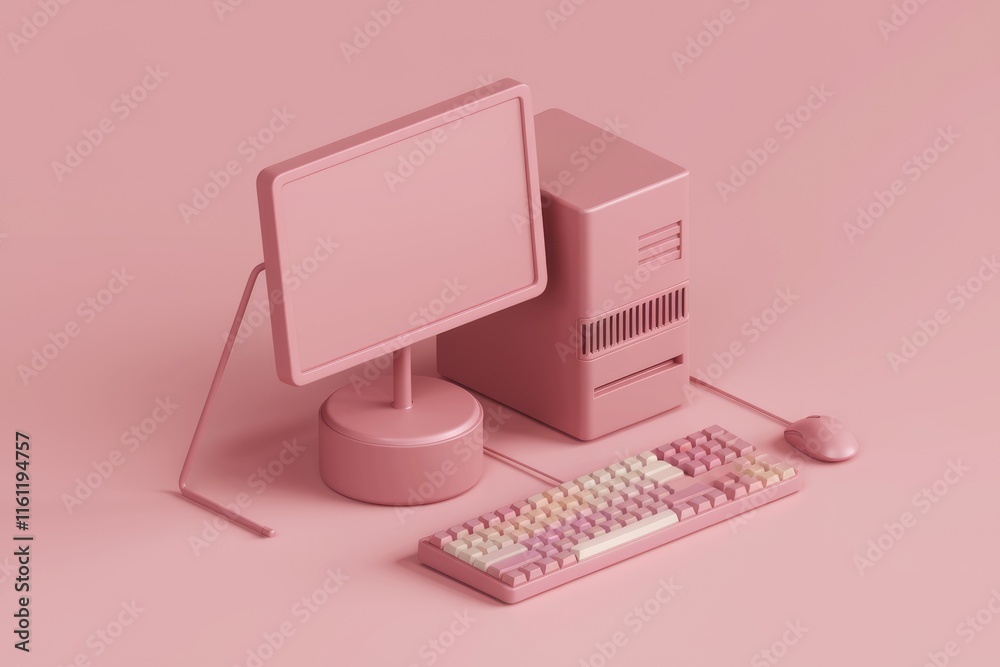Aufkleber A pink computer with a monitor  keyboard  mouse  and tower on a pink background.