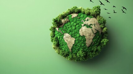Fototapeta premium Green Planet Earth Covered in Lush Greenery and Birds in Flight: A Symbol of Environmental Conservation and Sustainability