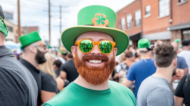 Irish Celebration: A smiling redhead with a vibrant ginger beard enjoys St. Patrick's Day festivities in a lively crowd. He's wearing a festive green top hat and sunglasses.