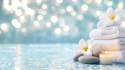 Serene Spa Day:  A stack of fluffy white towels, adorned with delicate white plumeria flowers and smooth grey stones, sits beside a flickering candle, creating a tranquil spa ambiance against a soft.