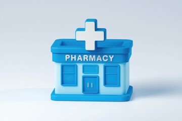 A blue and white 3D model of a pharmacy building