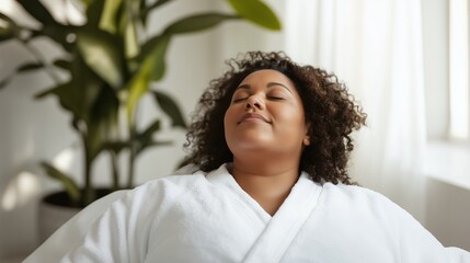 African american plus size woman relaxing in spa robe with peaceful expression and indoor plants