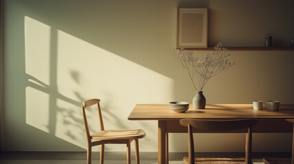 Minimalist Wooden Dining Table with Vase and Natural Lighting