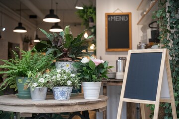 Indoor cafe with potted plants  a wooden menu board  and a chalkboard.
