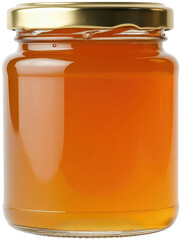 Glass jar filled with golden honey against transparent background, showcasing its rich amber color...