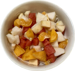 Ingredient of mixed cutting fruit for cook fruit salad disk on isolated white background, fresh healthy breakfast