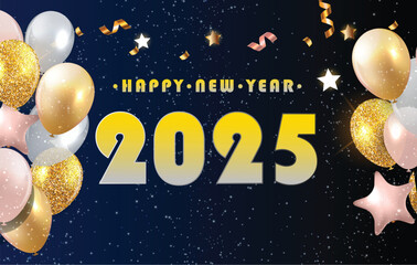 Elegant Happy New Year 2025 Celebration Banner with Balloons and Glitter on Dark Background