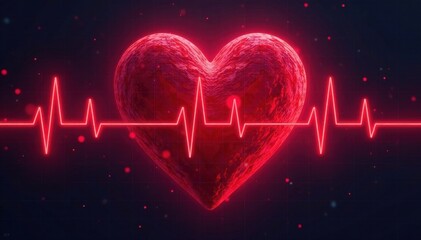 Illustration of red heart shape with ECG graph representing pulse rate, beat, checking