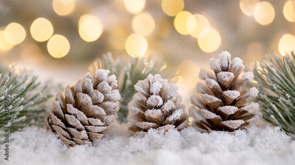 Poster frosted pinecones with snowy branches and glowing festive lights in the background
