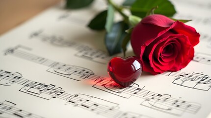 Valentine's Day Background with Romantic Red Rose, Heart Symbol, and Musical Notes for Love Expression

