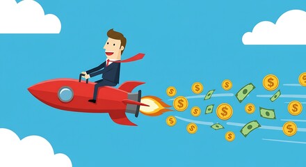 Businessman Rocket Launch Financial Success Wealth Growth Money